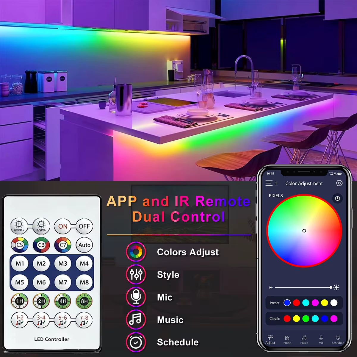 5V RGB+IC Neon Strip Light 1M 2M 3M 5M 10M USB Waterproof Flexible LED Strip Lights with Bluetooth Remote Control for Home Decor