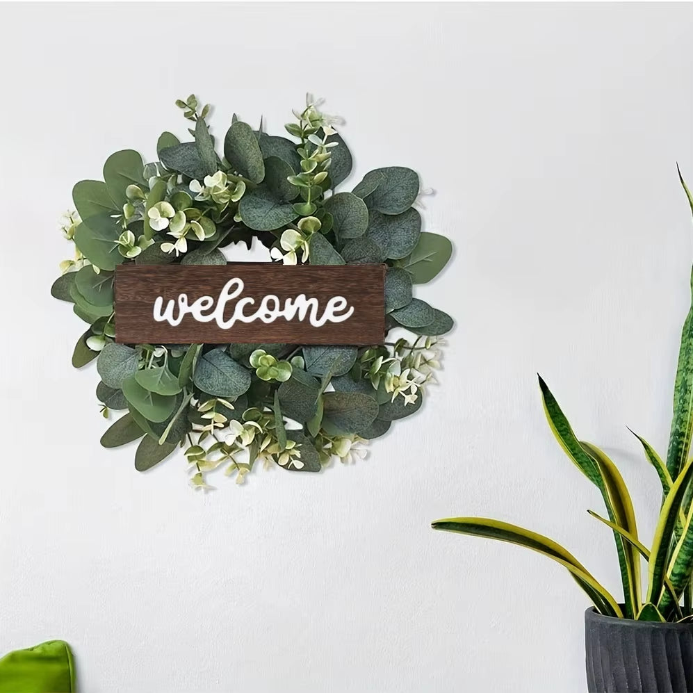 Green Eucalyptus Wreath with Welcome Sign Artificial Eucalyptus Wreath Spring Summer Wreath with White Berries for Front Door