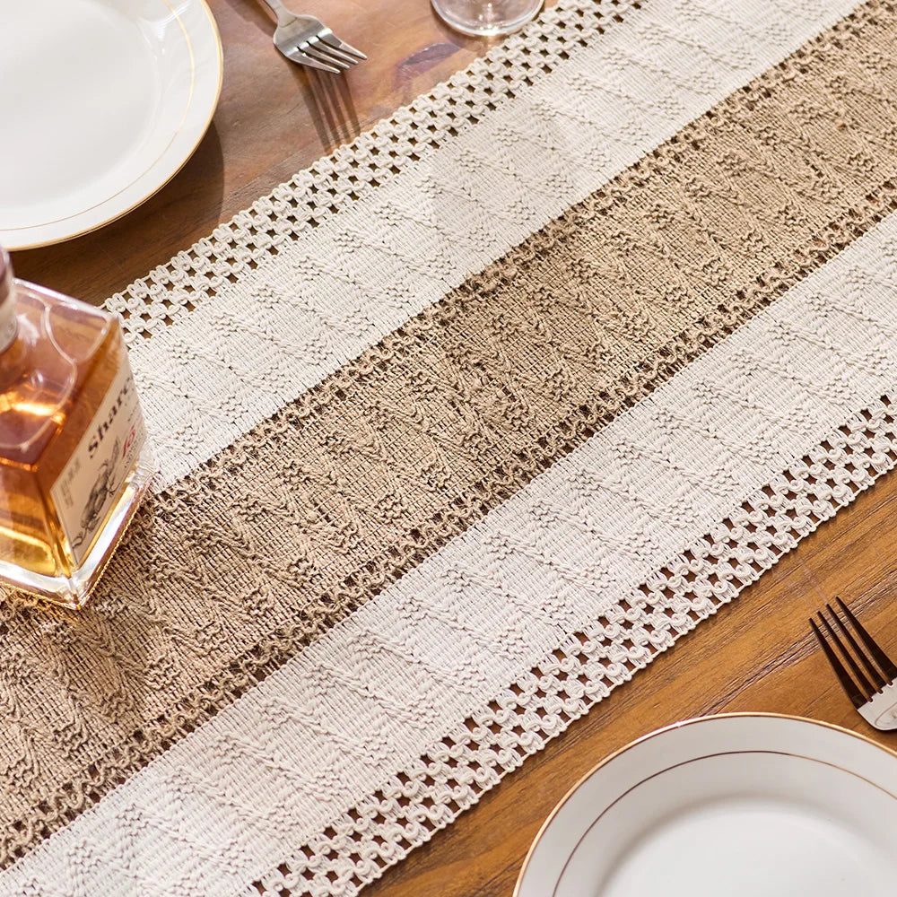 1Pc Bohemian Crochet Table Runner - Beige &Khaki Tasseled Edge, for Outdoor/Indoor Dining Table Decor, Spring Garden Parties