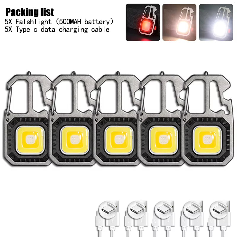 Mini Multifunctional Keychain LED Flashlight USB Rechargeable Portable Flashlight Outdoor Camping Torch Emergency Lantern 500Mah