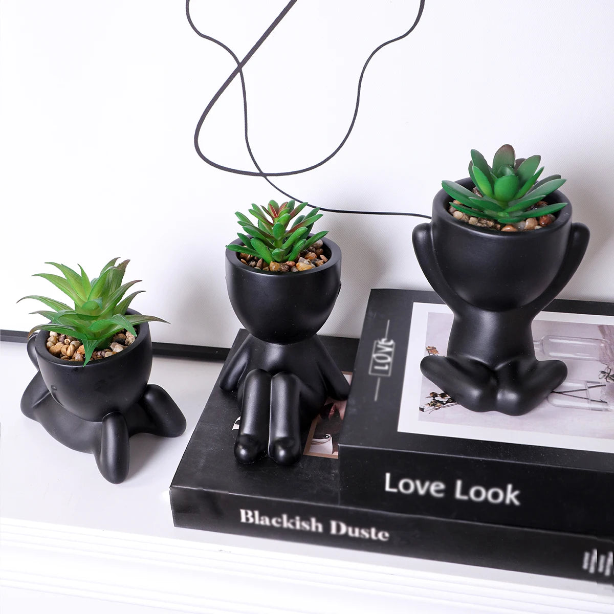 3Pcs/Set Artificial Aloe Vera Succulent Cartoon Pot Plant Fake Succulent Black PE Material Artificial Plants Home Decoration