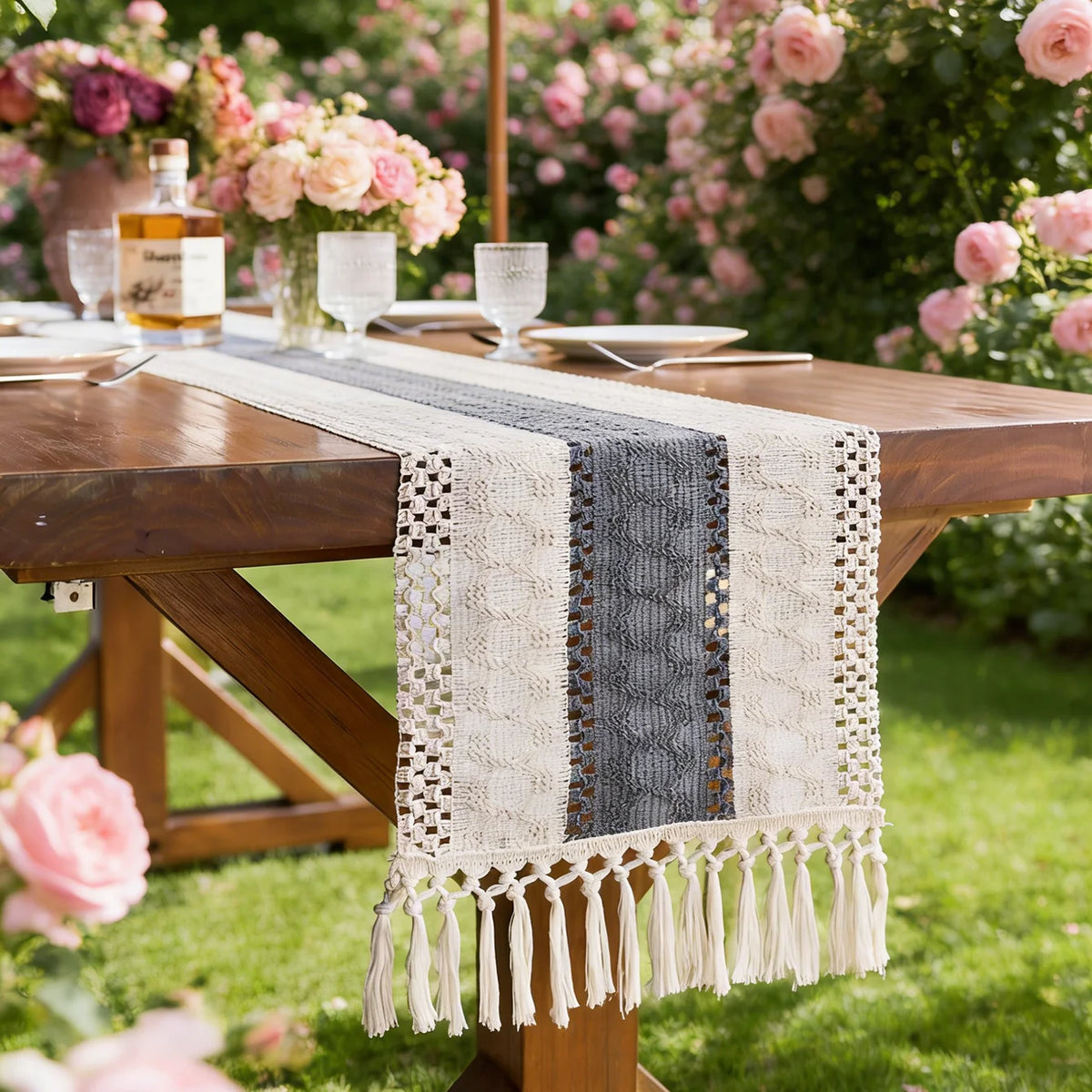 1Pc Bohemian Crochet Table Runner - Beige &Khaki Tasseled Edge, for Outdoor/Indoor Dining Table Decor, Spring Garden Parties