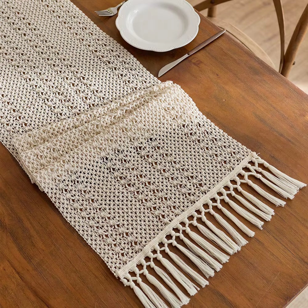 1PC Beige Boho Farmhouse-Style Tasseled Table Runner Polyester Blend with Tassels for Home and Restaurant Decoration