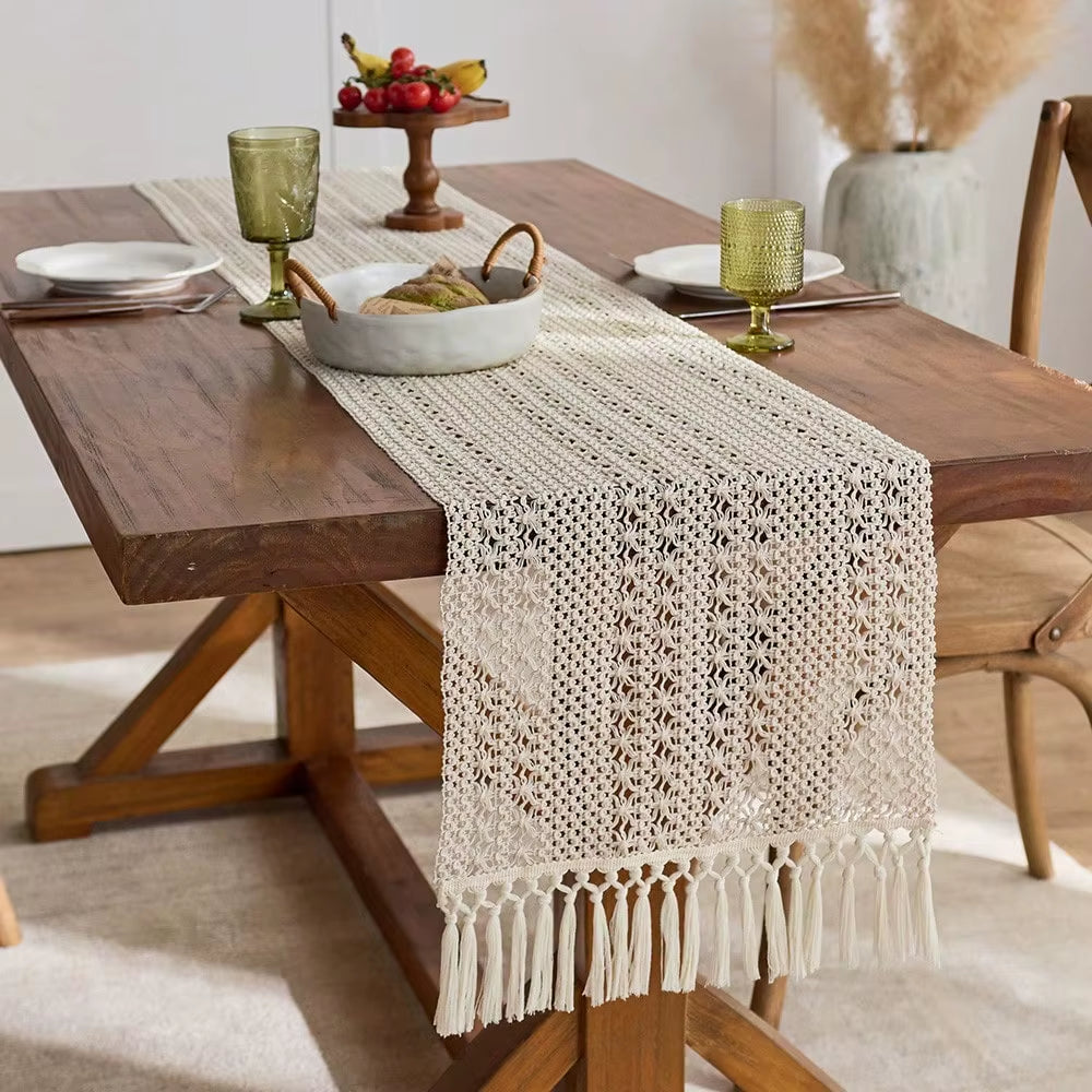 1PC Beige Boho Farmhouse-Style Tasseled Table Runner Polyester Blend with Tassels for Home and Restaurant Decoration