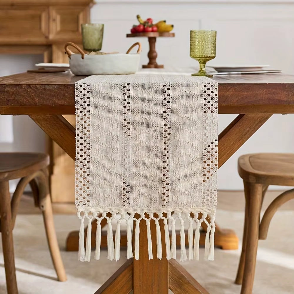 1PC Beige Boho Farmhouse-Style Tasseled Table Runner Polyester Blend with Tassels for Home and Restaurant Decoration