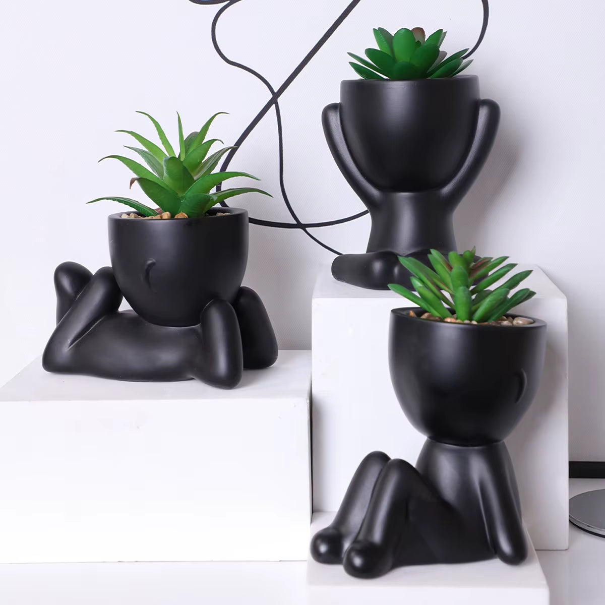 3Pcs/Set Artificial Aloe Vera Succulent Cartoon Pot Plant Fake Succulent Black PE Material Artificial Plants Home Decoration