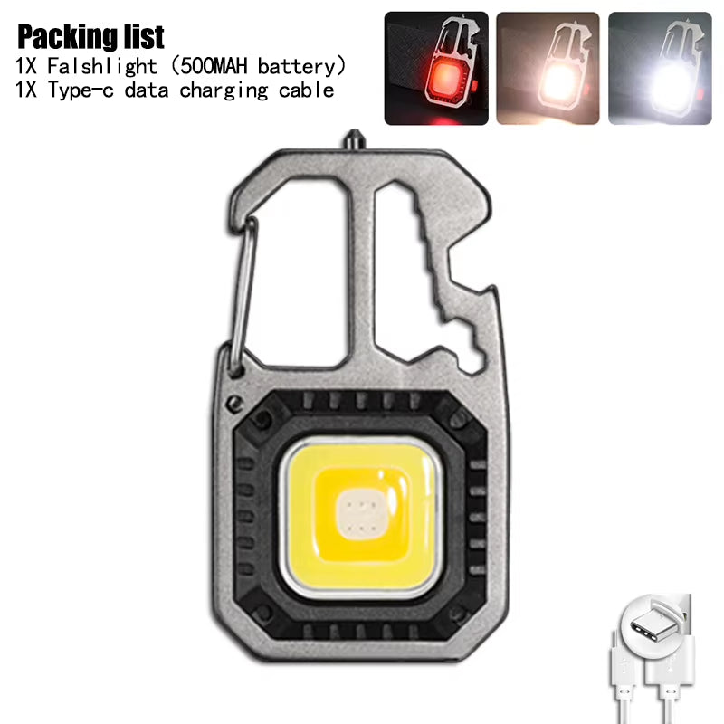 Mini Multifunctional Keychain LED Flashlight USB Rechargeable Portable Flashlight Outdoor Camping Torch Emergency Lantern 500Mah