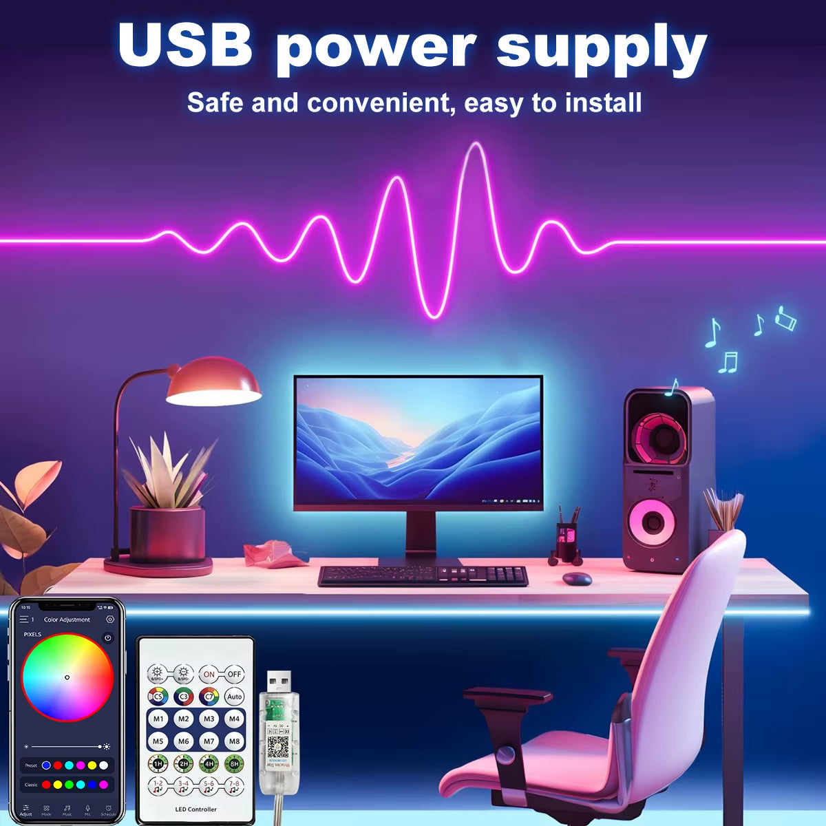 5V RGB+IC Neon Strip Light 1M 2M 3M 5M 10M USB Waterproof Flexible LED Strip Lights with Bluetooth Remote Control for Home Decor