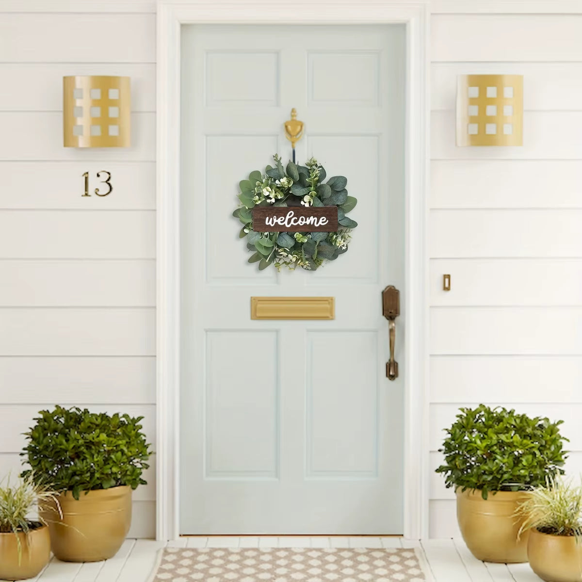 Green Eucalyptus Wreath with Welcome Sign Artificial Eucalyptus Wreath Spring Summer Wreath with White Berries for Front Door