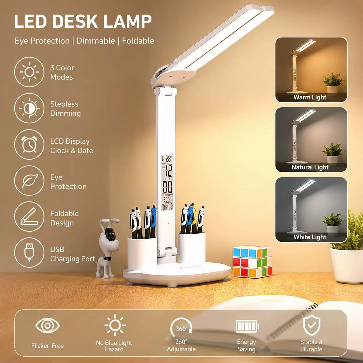 LED Desk Lamp USB Dimmable Touch Foldable Table Lamp with Calendar Temperature Clock Night Light for Study Reading Lamp