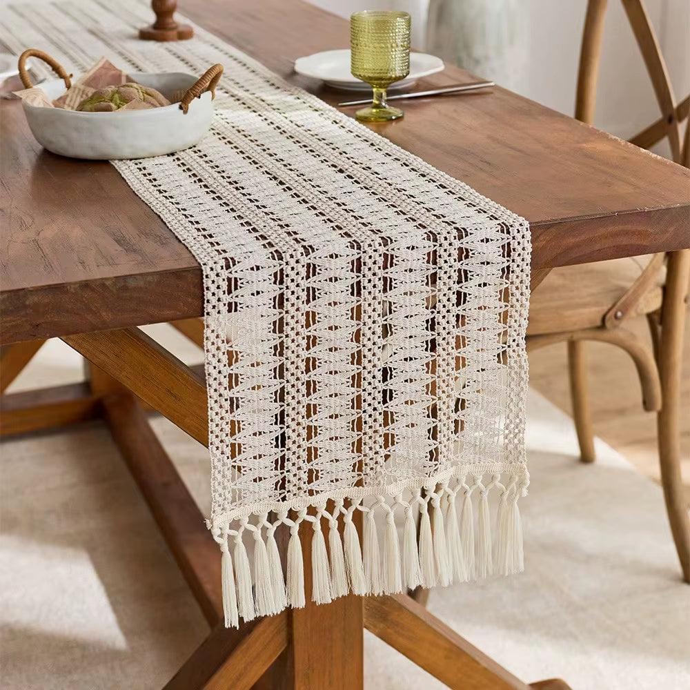 1PC Beige Boho Farmhouse-Style Tasseled Table Runner Polyester Blend with Tassels for Home and Restaurant Decoration
