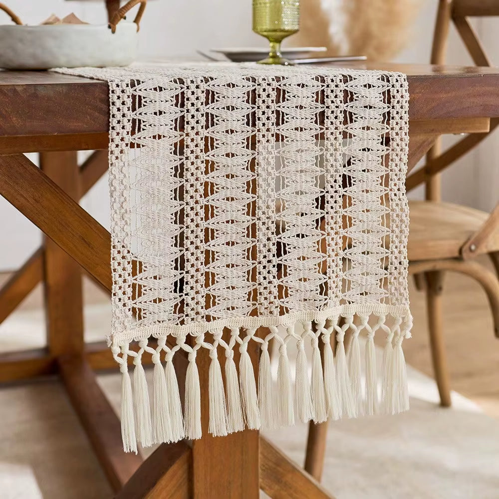 1PC Beige Boho Farmhouse-Style Tasseled Table Runner Polyester Blend with Tassels for Home and Restaurant Decoration