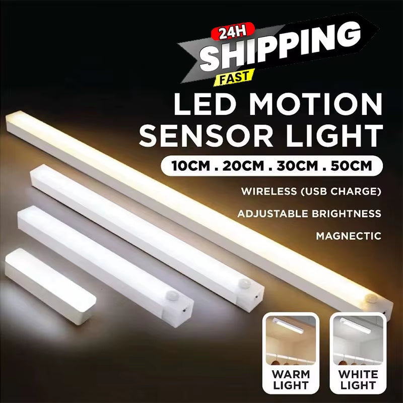PIR Motion Sensor LED under Cabinet Lamp Dimmable Rechargeable Night Light Stairs Closet Room Aisle Tube Bar Detector Bulb