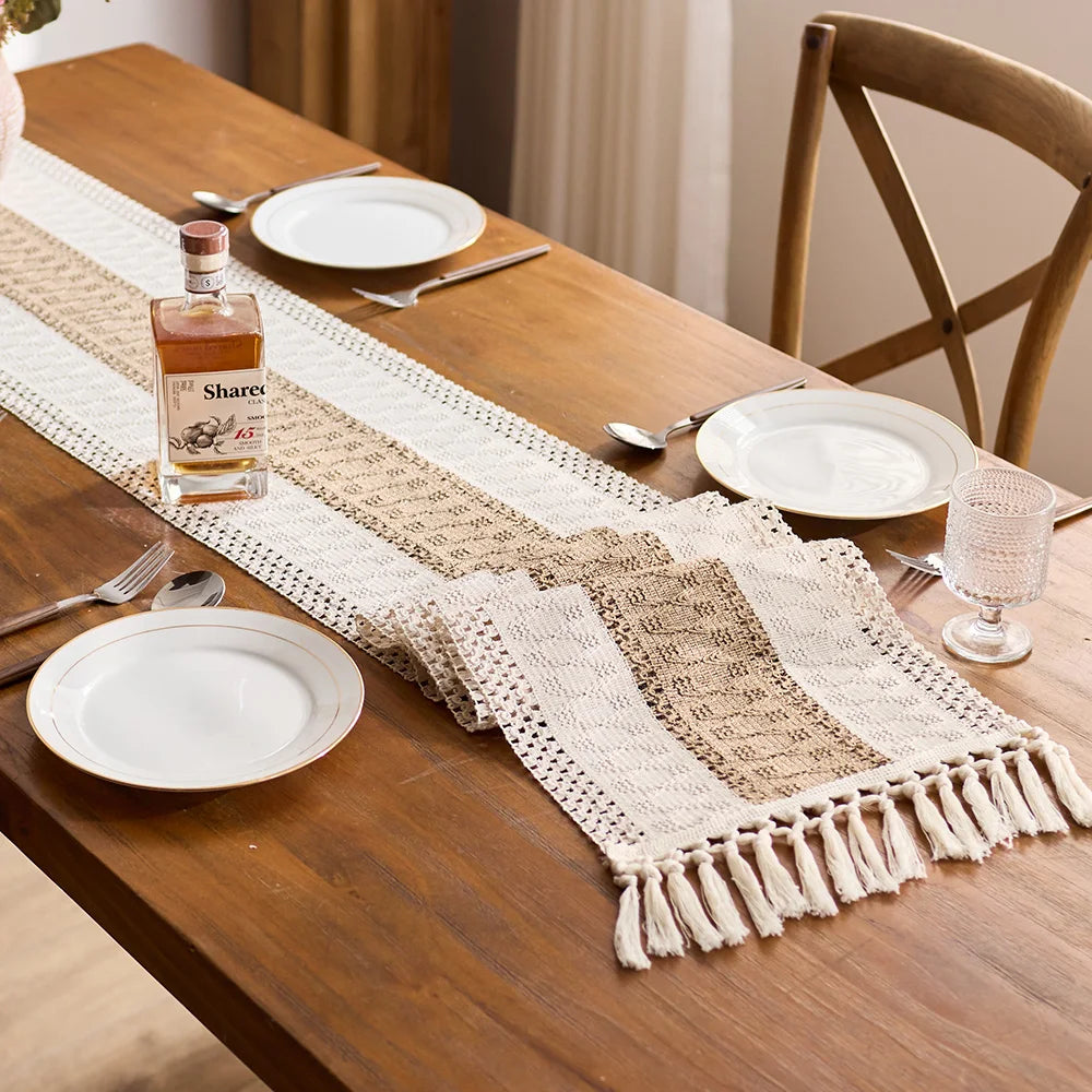 1Pc Bohemian Crochet Table Runner - Beige &Khaki Tasseled Edge, for Outdoor/Indoor Dining Table Decor, Spring Garden Parties