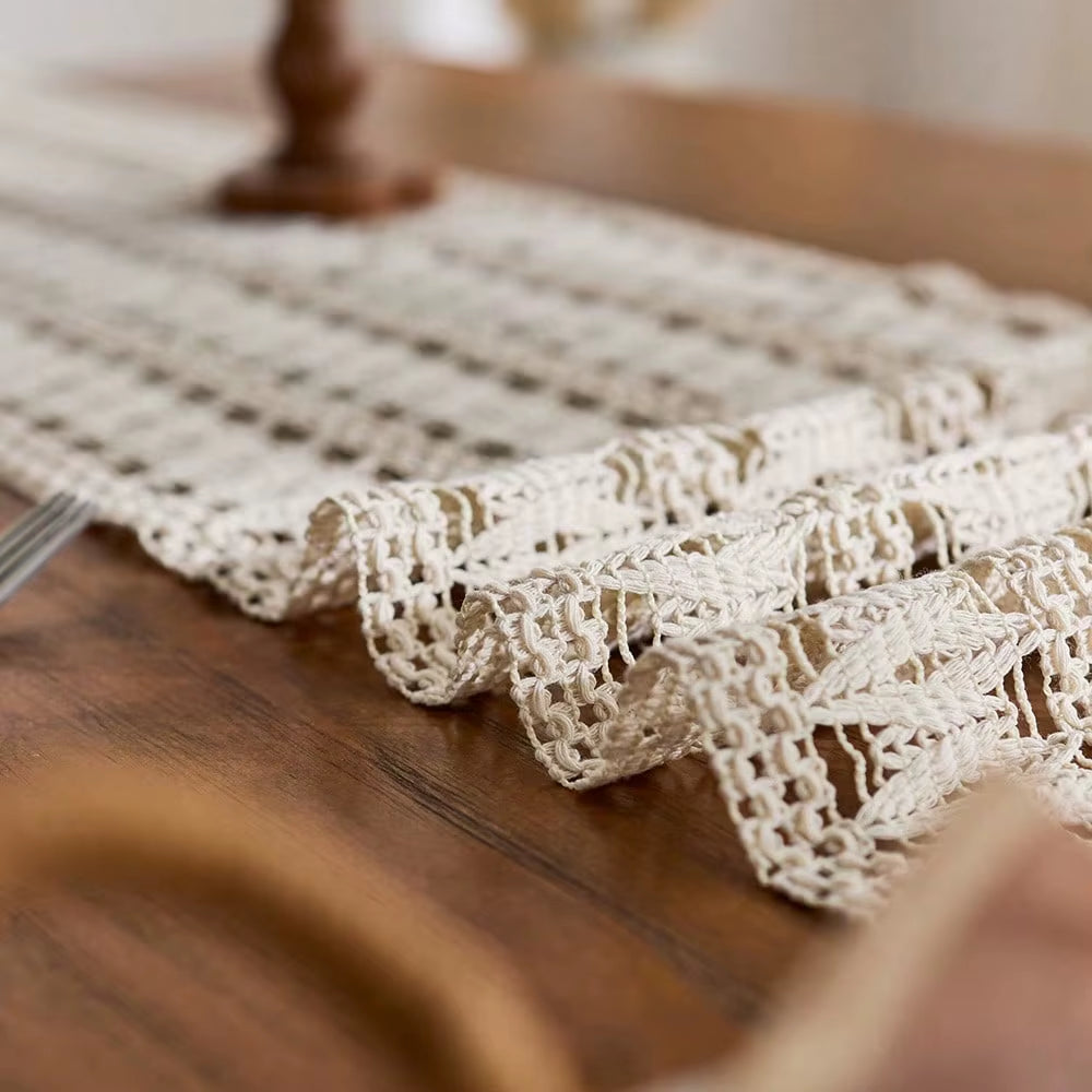 1PC Beige Boho Farmhouse-Style Tasseled Table Runner Polyester Blend with Tassels for Home and Restaurant Decoration