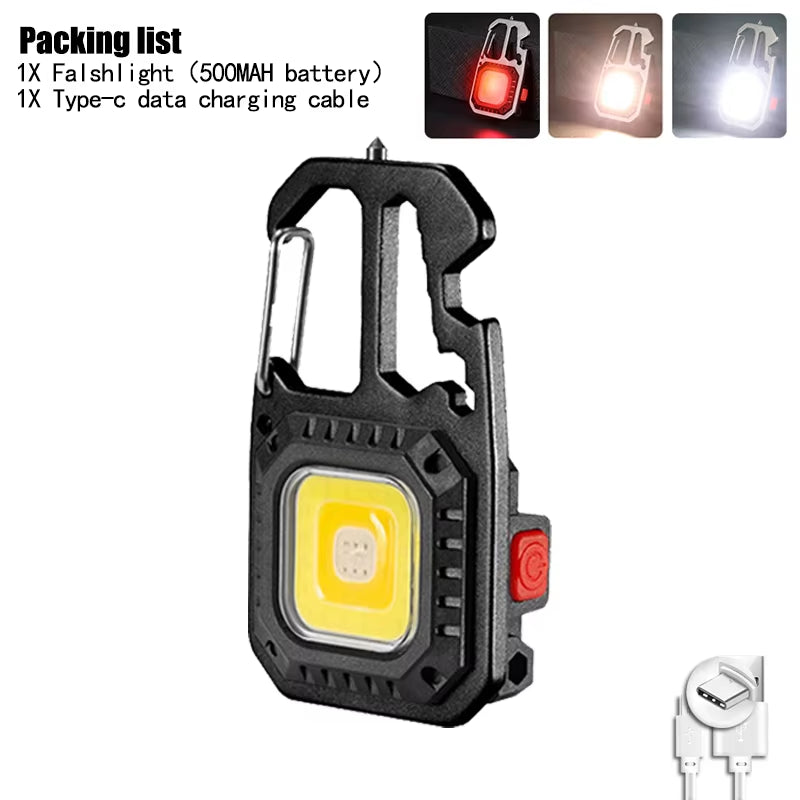 Mini Multifunctional Keychain LED Flashlight USB Rechargeable Portable Flashlight Outdoor Camping Torch Emergency Lantern 500Mah
