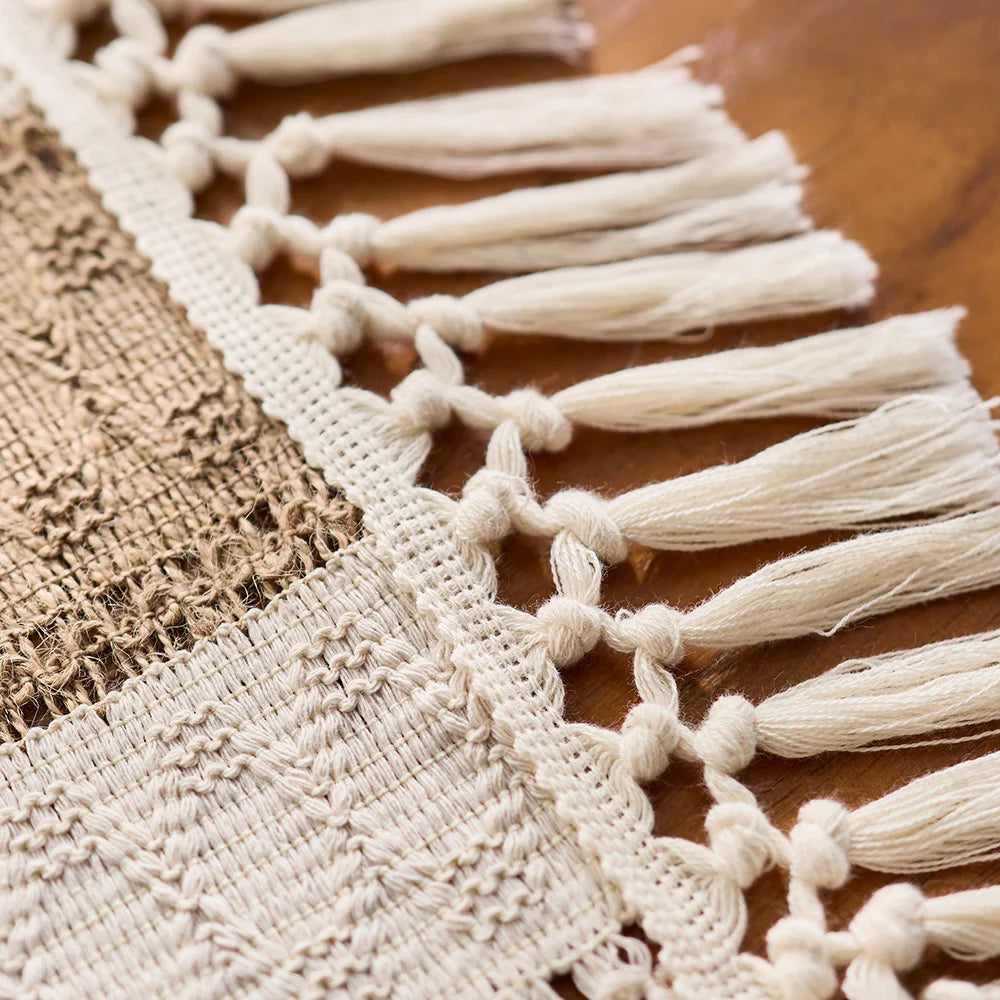 1Pc Bohemian Crochet Table Runner - Beige &Khaki Tasseled Edge, for Outdoor/Indoor Dining Table Decor, Spring Garden Parties