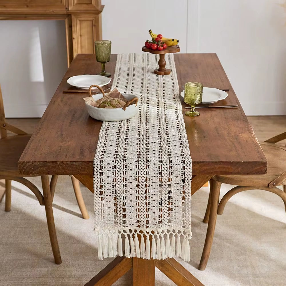 1PC Beige Boho Farmhouse-Style Tasseled Table Runner Polyester Blend with Tassels for Home and Restaurant Decoration