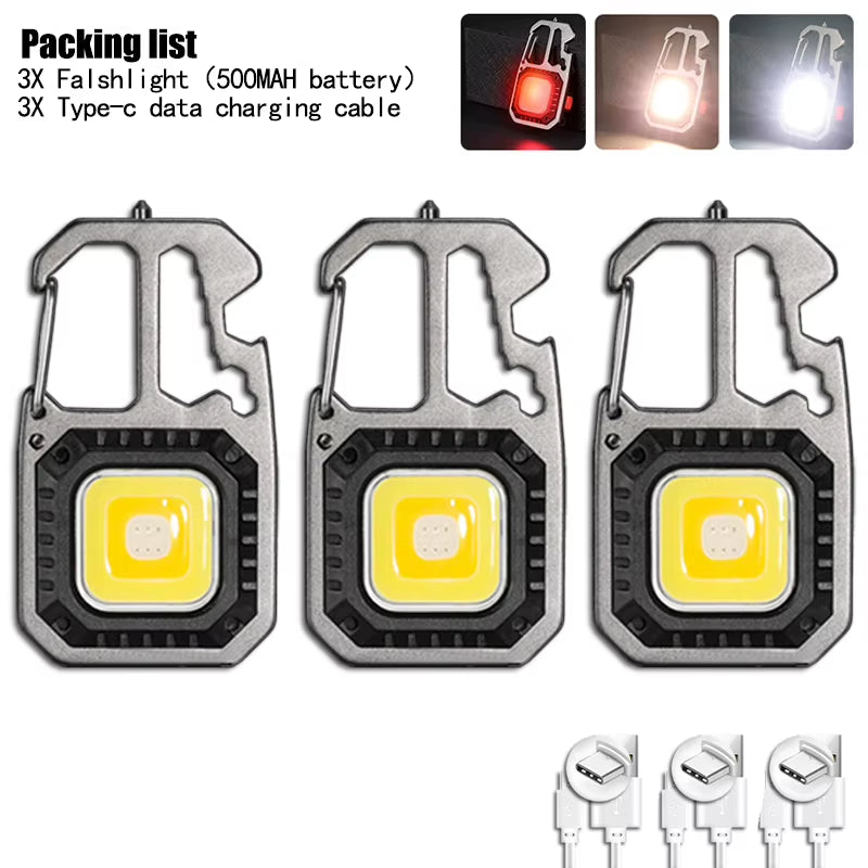 Mini Multifunctional Keychain LED Flashlight USB Rechargeable Portable Flashlight Outdoor Camping Torch Emergency Lantern 500Mah