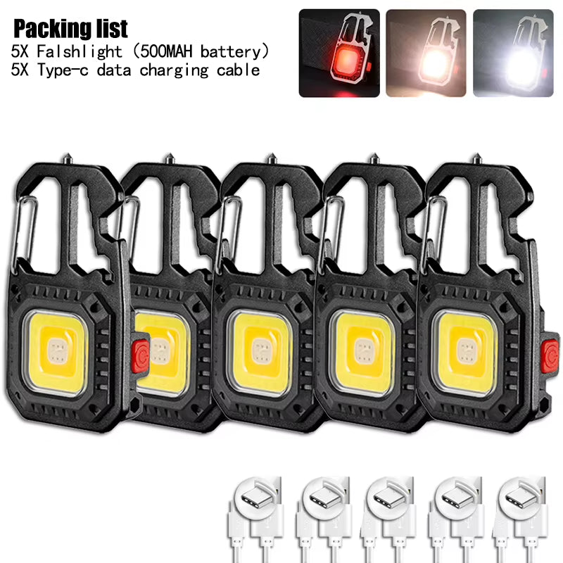 Mini Multifunctional Keychain LED Flashlight USB Rechargeable Portable Flashlight Outdoor Camping Torch Emergency Lantern 500Mah