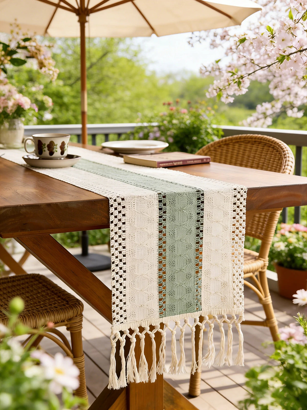 1Pc Bohemian Crochet Table Runner - Beige &Khaki Tasseled Edge, for Outdoor/Indoor Dining Table Decor, Spring Garden Parties