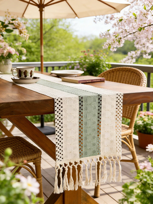 1Pc Bohemian Crochet Table Runner - Beige &Khaki Tasseled Edge, for Outdoor/Indoor Dining Table Decor, Spring Garden Parties