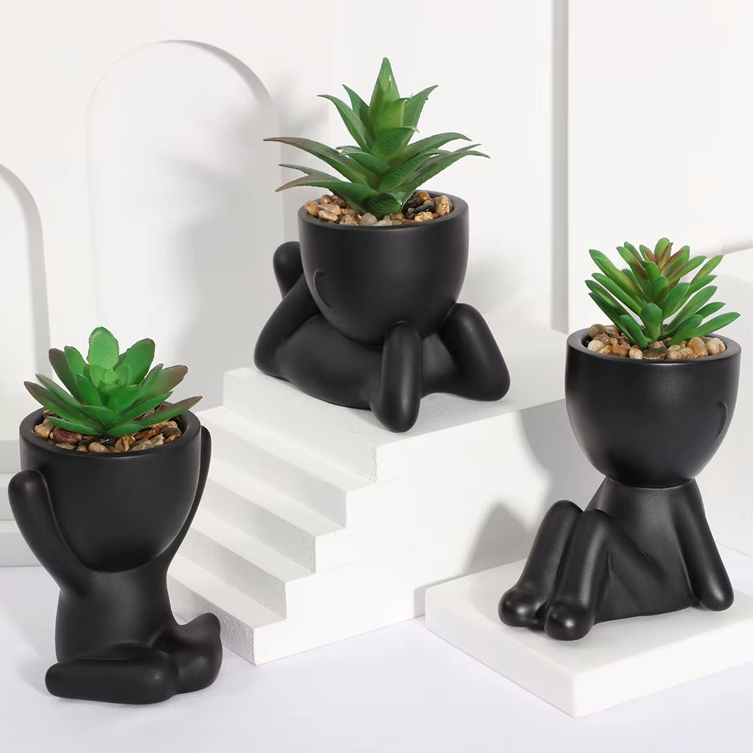 3Pcs/Set Artificial Aloe Vera Succulent Cartoon Pot Plant Fake Succulent Black PE Material Artificial Plants Home Decoration
