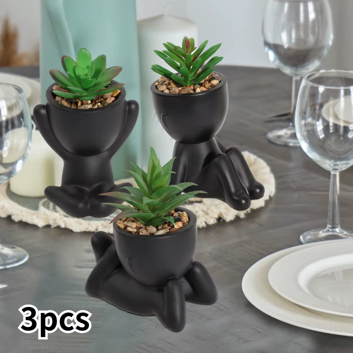 3Pcs/Set Artificial Aloe Vera Succulent Cartoon Pot Plant Fake Succulent Black PE Material Artificial Plants Home Decoration