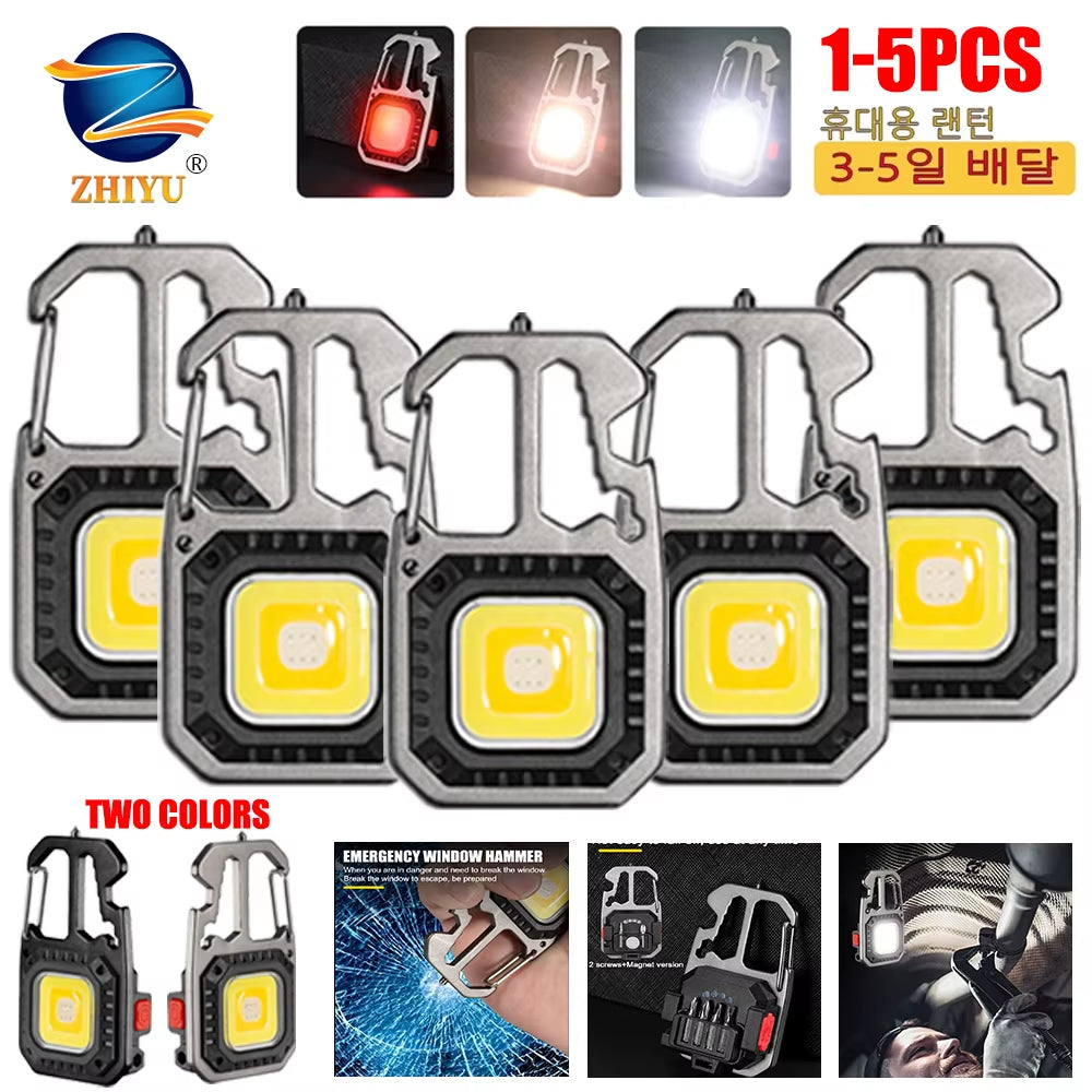 Mini Multifunctional Keychain LED Flashlight USB Rechargeable Portable Flashlight Outdoor Camping Torch Emergency Lantern 500Mah