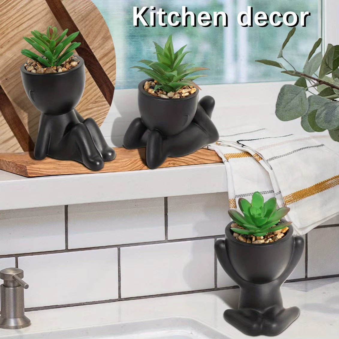3Pcs/Set Artificial Aloe Vera Succulent Cartoon Pot Plant Fake Succulent Black PE Material Artificial Plants Home Decoration