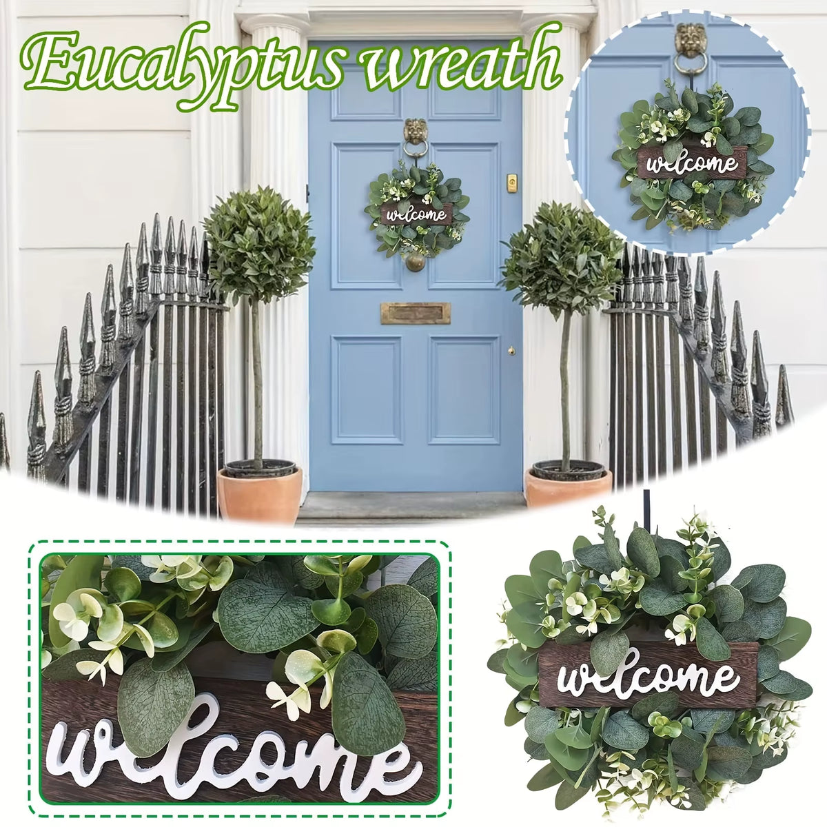 Green Eucalyptus Wreath with Welcome Sign Artificial Eucalyptus Wreath Spring Summer Wreath with White Berries for Front Door