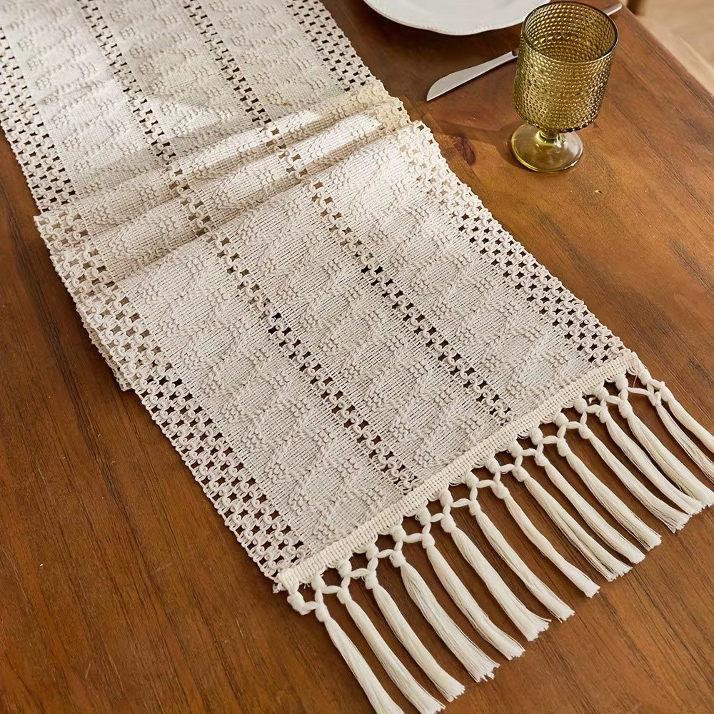 1PC Beige Boho Farmhouse-Style Tasseled Table Runner Polyester Blend with Tassels for Home and Restaurant Decoration