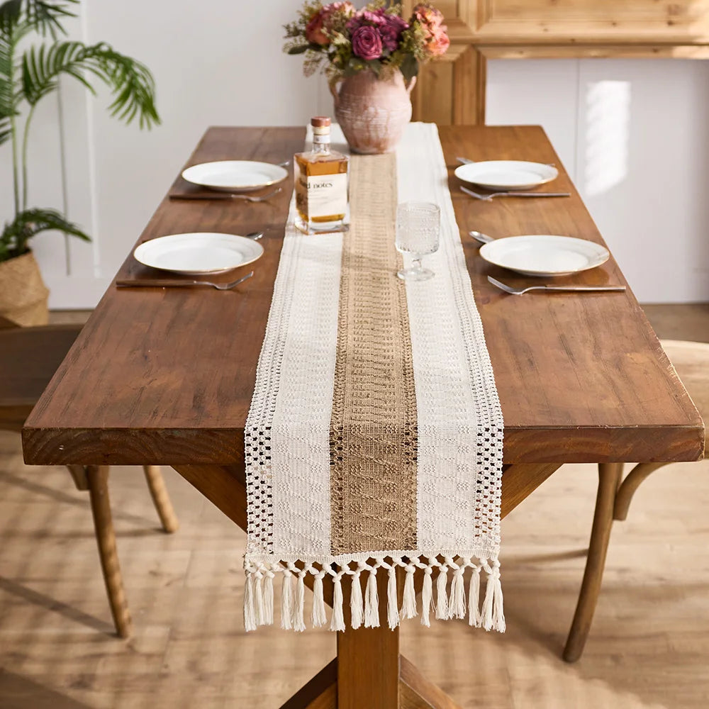 1Pc Bohemian Crochet Table Runner - Beige &Khaki Tasseled Edge, for Outdoor/Indoor Dining Table Decor, Spring Garden Parties