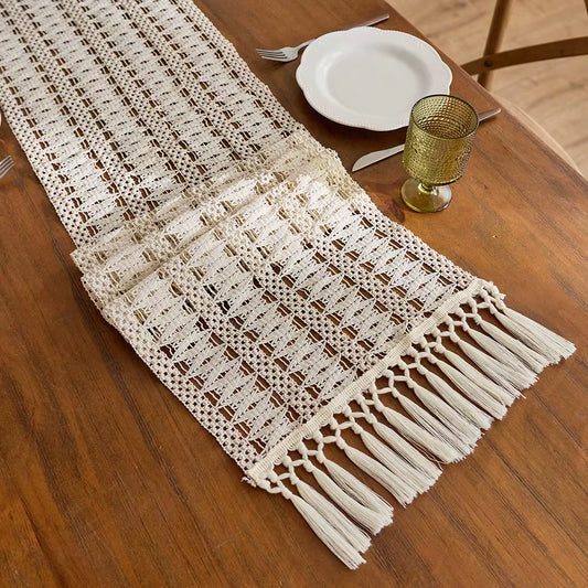 1PC Beige Boho Farmhouse-Style Tasseled Table Runner Polyester Blend with Tassels for Home and Restaurant Decoration